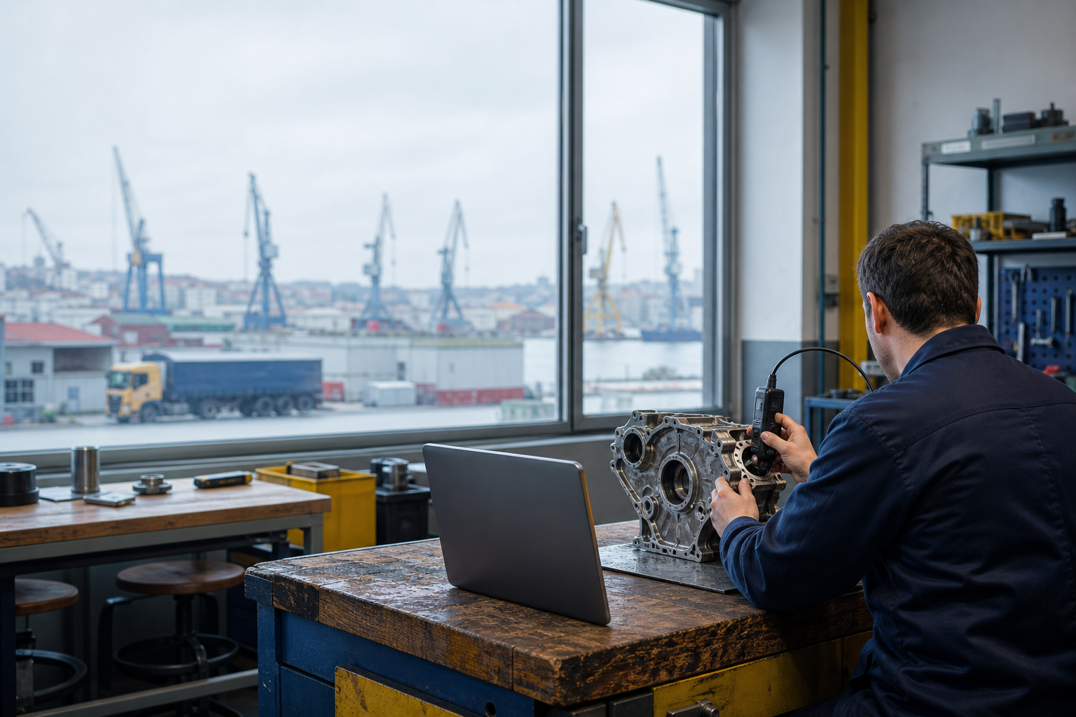 Escena conceptual de una persona adulta aprendiendo aplicaciones prácticas de inteligencia artificial junto a un sensor industrial, con un entorno portuario y fabril de Vigo desenfocado al fondo.