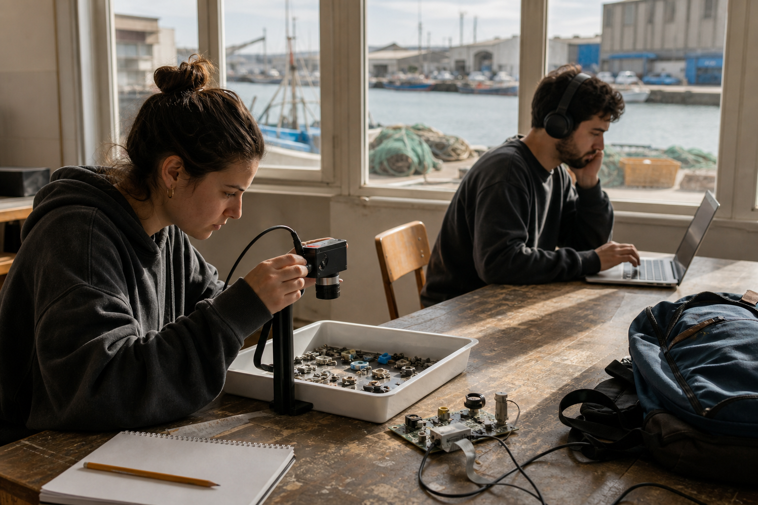 Escena conceptual de dos personas adultas aprendiendo IA con un equipo de visión artificial y un portátil, con un puerto mediterráneo al fondo.