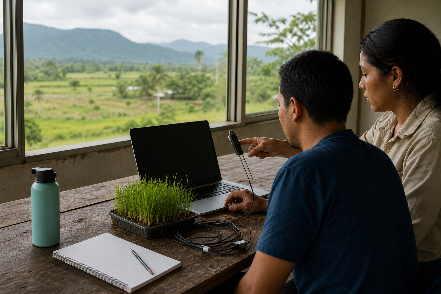 Dos estudiantes adultos revisan un sensor de humedad junto a un portátil en un aula-taller abierta al paisaje verde de los Llanos.
