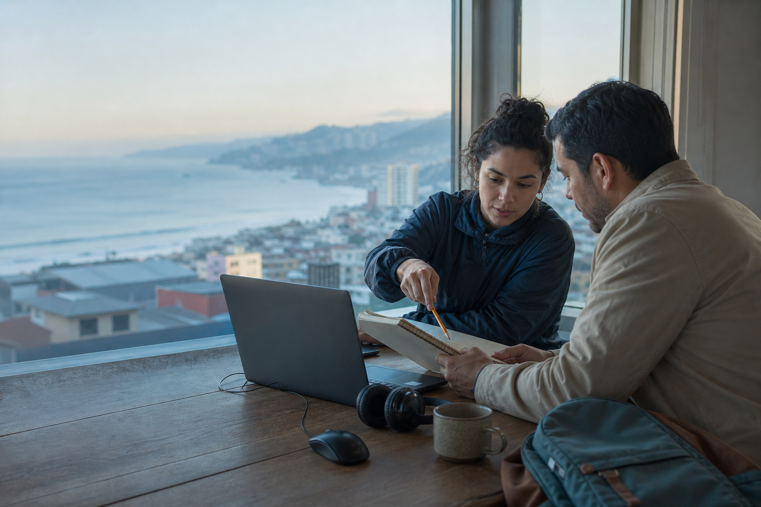 Dos personas adultas estudian con un portátil y cuadernos en una sala con vista a la costa y los cerros de Viña del Mar.