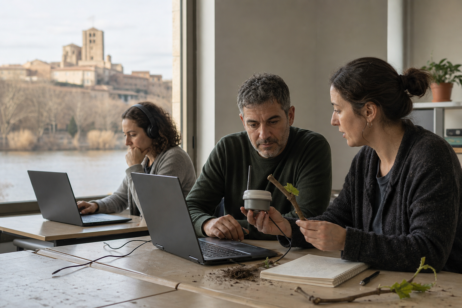 Escena conceptual de formación en IA con dos alumnos adultos y una docente en un aula, junto a un portátil, un sensor agrícola y una vista inspirada en Zamora.
