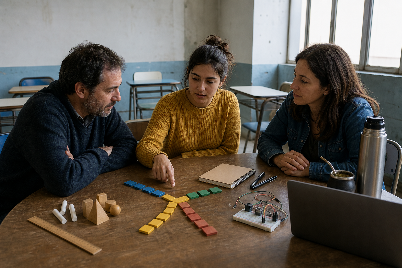 Escena conceptual de una docente, una estudiante y un profesional que comparan tres rutas de aprendizaje con una notebook en un aula argentina.