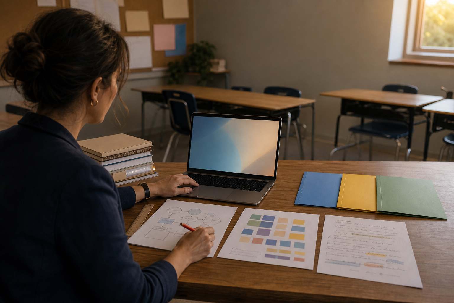 Una docente revisa trabajos anónimos junto a una computadora y organiza materiales en carpetas de colores para adaptar una clase.