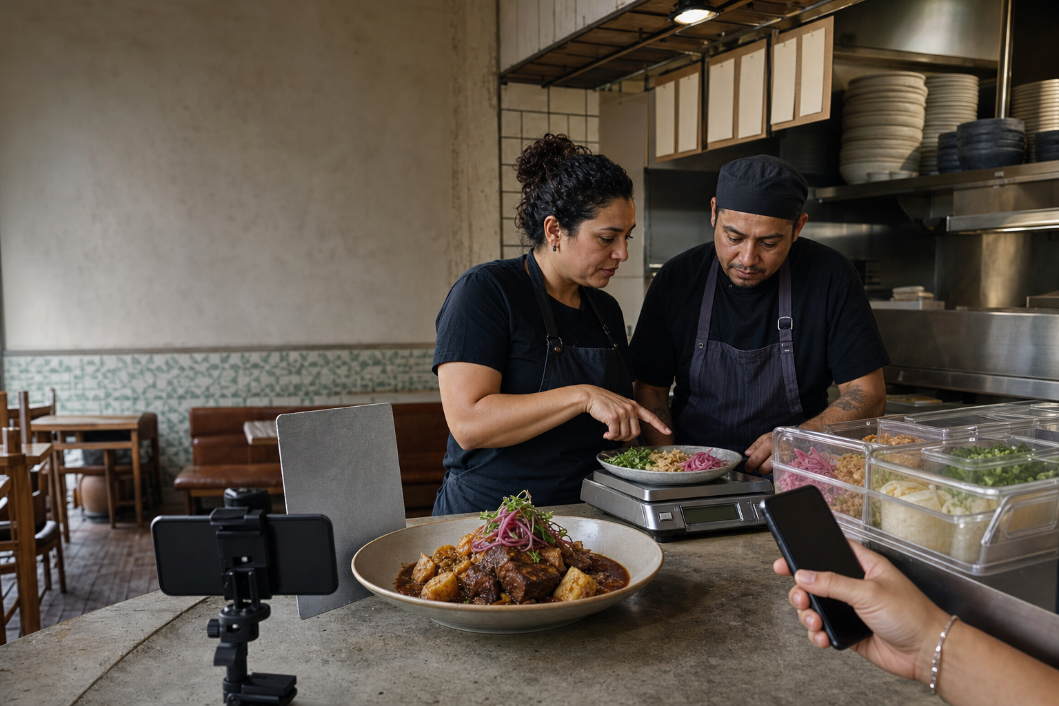 Escena conceptual en un restaurante: una encargada y un cocinero revisan un plato, su fotografía y el control de porciones antes del servicio.