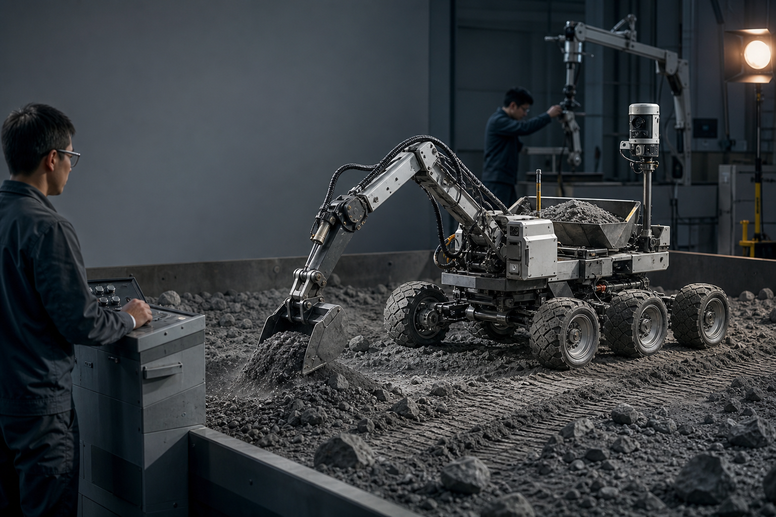 Rover excavador sin marca prueba una pala sobre regolito lunar simulado mientras dos técnicos supervisan el ensayo en un laboratorio terrestre.