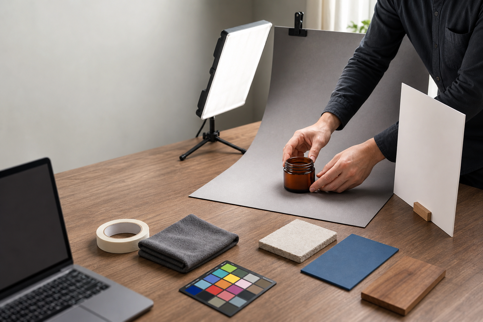 Manos ajustan un frasco genérico en un miniestudio de producto, junto a fondos y herramientas para crear y revisar variaciones de e-commerce.