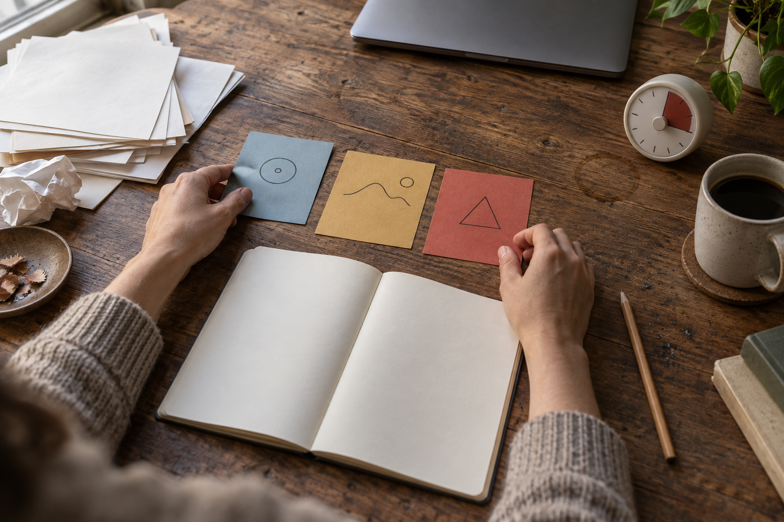 Escena conceptual de una mesa de trabajo: unas manos ordenan tres tarjetas sin texto junto a un cuaderno en blanco, un lápiz y un temporizador analógico, evocando objetivo, contexto, límites y revisión.