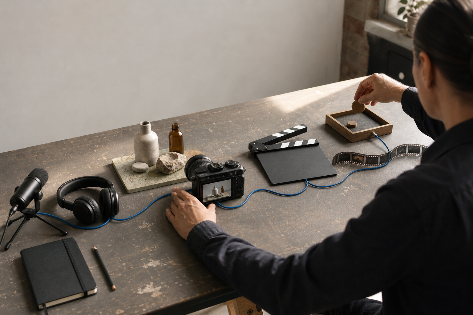 Una profesional organiza en una mesa un micrófono, una cámara, elementos de video y una ficha de salida para representar un flujo de trabajo multimodal.
