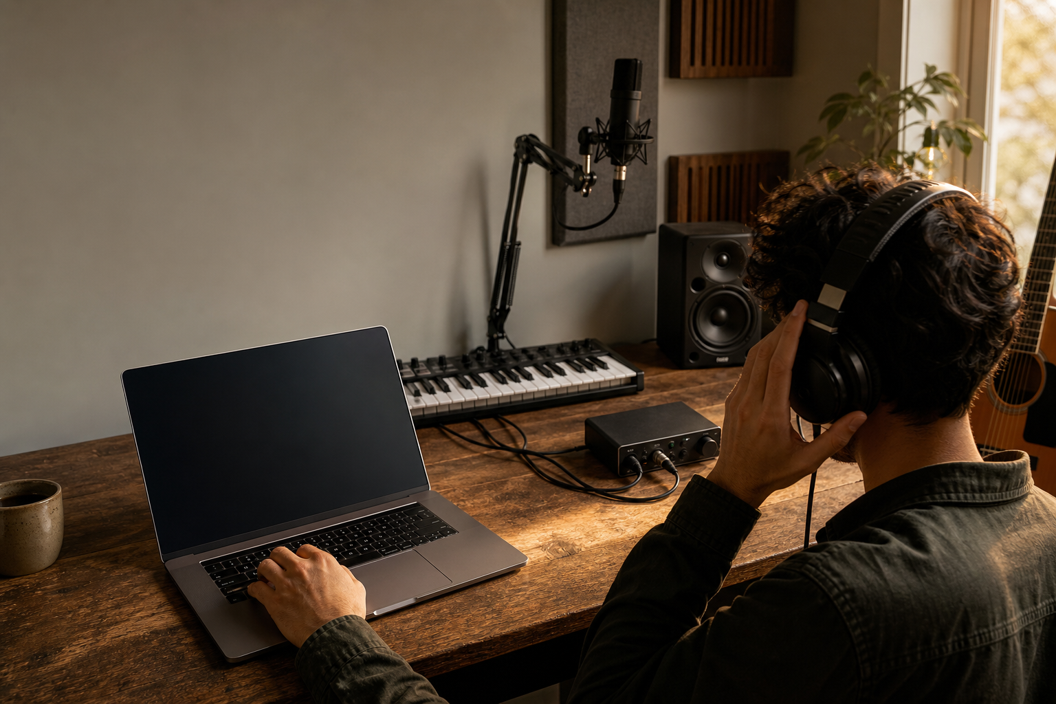 Composición conceptual de una persona escribiendo en un portátil junto a auriculares, micrófono y teclado MIDI para ilustrar la creación de música con IA.