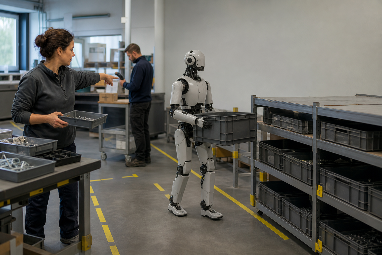 Una trabajadora supervisa a un robot humanoide genérico que mueve una caja en una zona de preparación de pedidos, mientras otro empleado verifica la tarea al fondo.