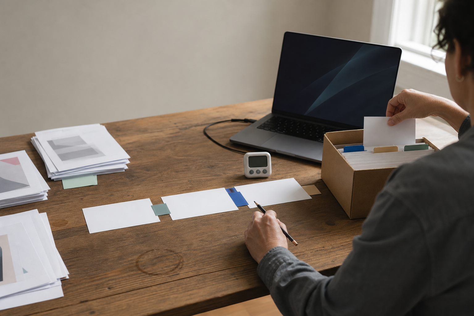 Una profesional organiza con tarjetas y materiales de trabajo un flujo de cuatro pasos, desde las fuentes hasta la revisión y el procedimiento reutilizable.