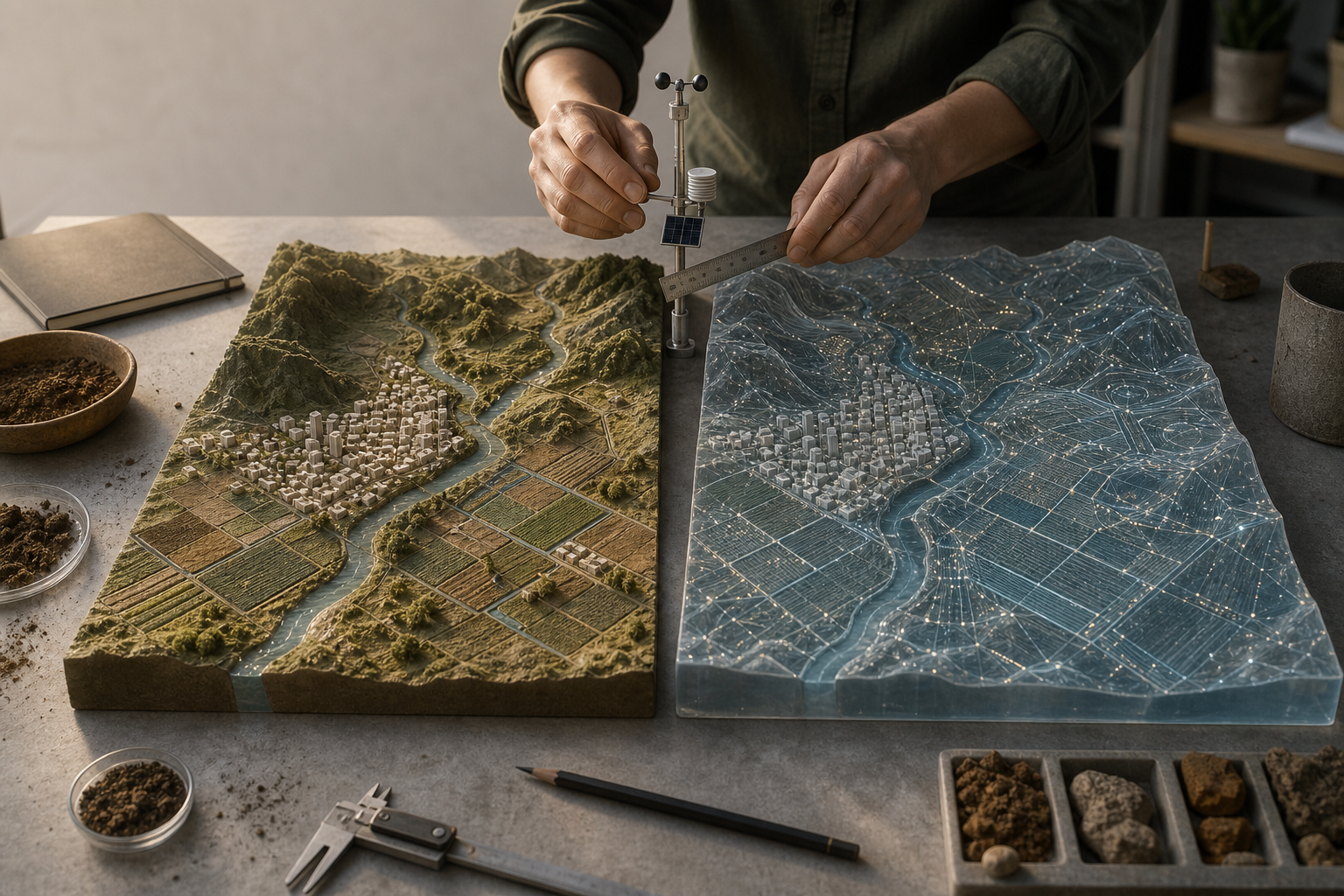 Dos maquetas gemelas de un territorio con río, ciudad y cultivos representan el vínculo entre el mundo físico y un gemelo digital.