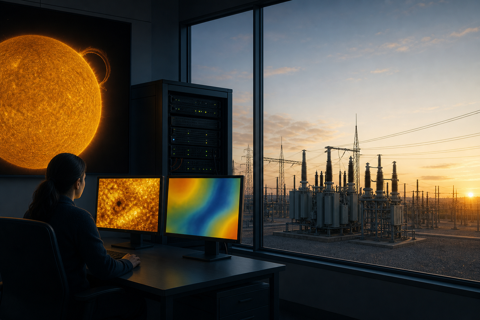 Ilustración conceptual de una analista de meteorología espacial que estudia imágenes del Sol junto a una subestación eléctrica.