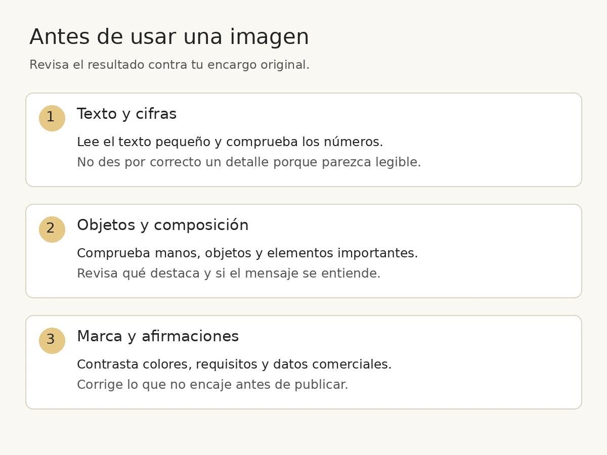 Lista de revisión de texto y cifras, objetos y composición, marca y afirmaciones antes de publicar una imagen.